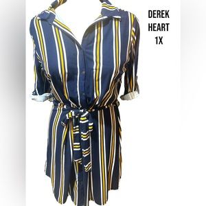 Derek heart dress. 1XL Button up with tie. Navy blue yellow and white stripes.